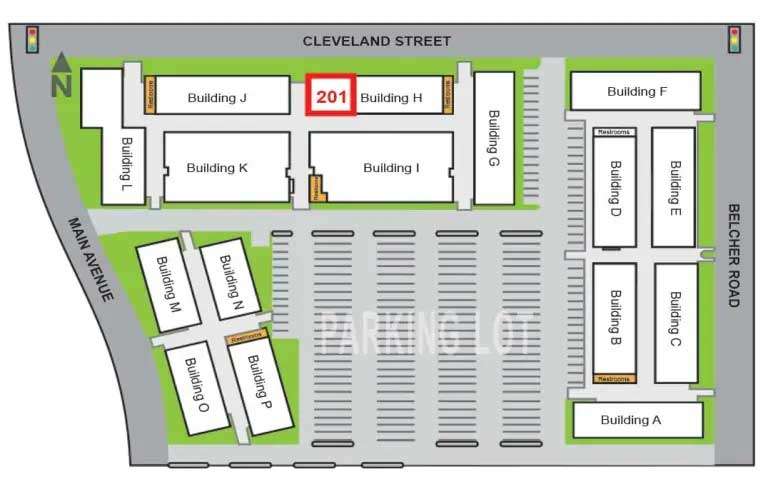 Map of the Belcher Commons Office Park showing the location of Suite 201